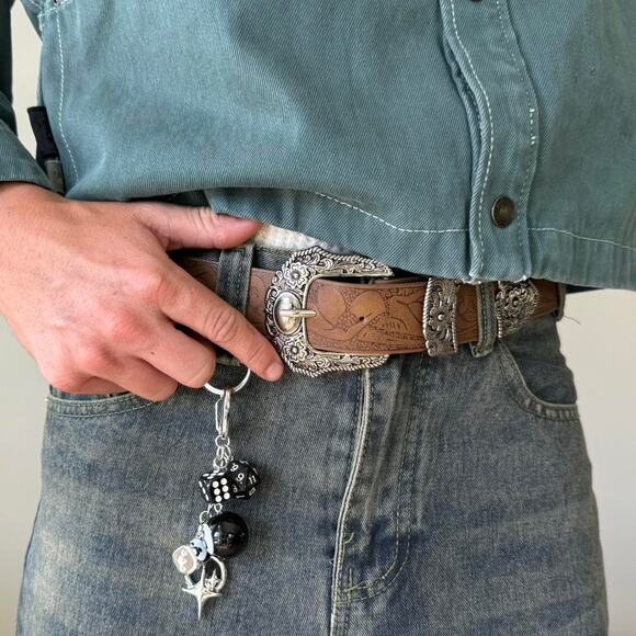 Y2K Brown Leather Belt Silver Buckle Adjustable Fit 26-36" Unisex Vintage New - Picture 8 of 9